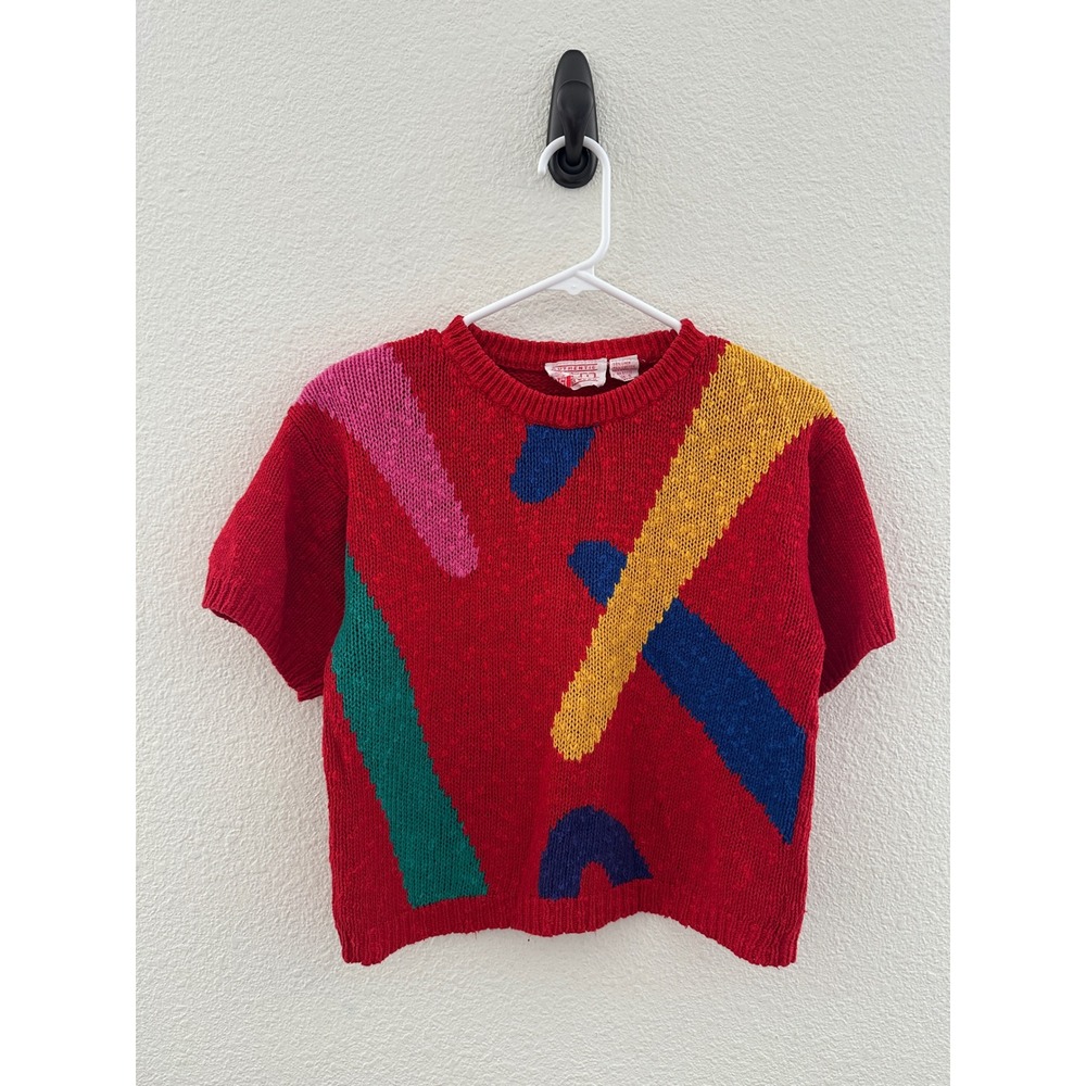 VTG Authentic Extra Sportswear Sweater Women S Red Abstract Short Sleeve Retro